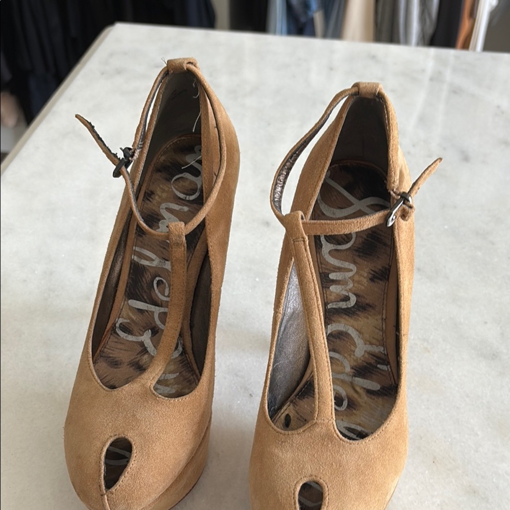Sam Edelman Tan Suede Heels with Peep-Toe